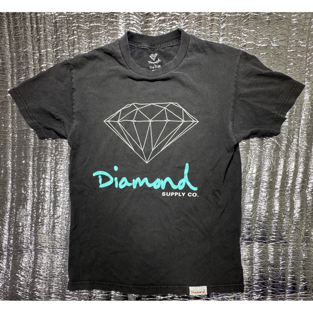 Diamond Supply Co Mens Black Graphic T-Shirt Teal Logo Short Sleeve Size M